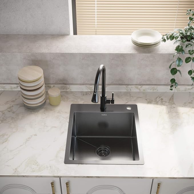 TORVA 18 x 18 Inch Gloss Black Drop-in Topmount Kitchen Sink - Image 2