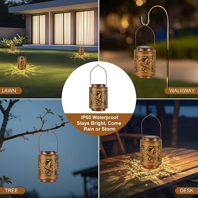 2 Pack Solar Lanterns Outdoor Waterproof Hummingbird and Iris Hanging Garden - Image 6