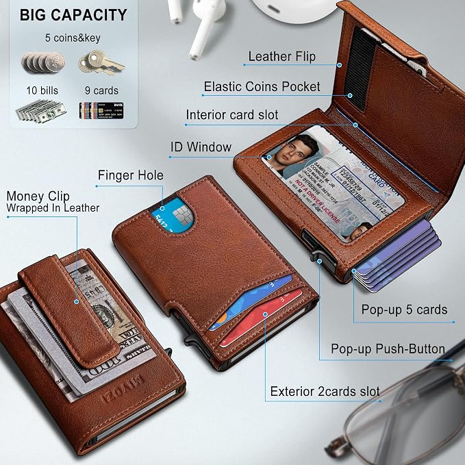 Men Wallet, with Money Clip Coins Pocket ID Window, Slim Front Pocket RFID - Image 2