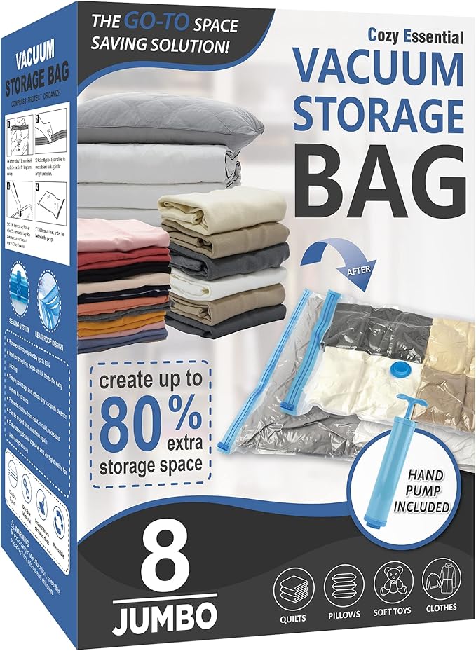 8 Jumbo Vacuum Storage Bags, Space Saver Bags Compression Storage Bags by CozyEssential