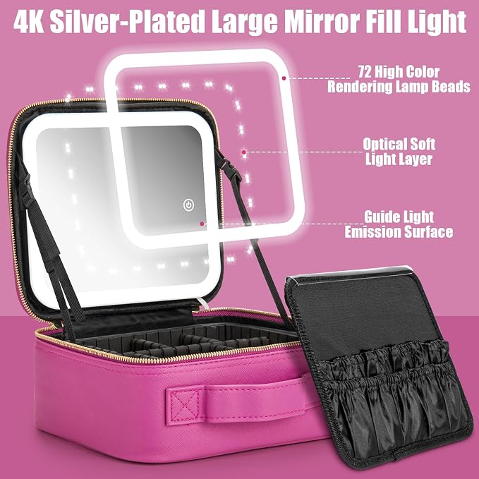 Makeup Travel Train Case with Mirror LED Light 3 Adjustable Brightness Large - Image 4