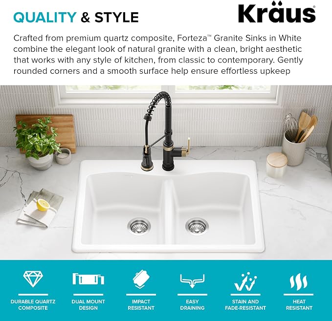 KRAUS Forteza 33-inch Granite Drop In/Undermount 50/50 Double Bowl White - Image 3