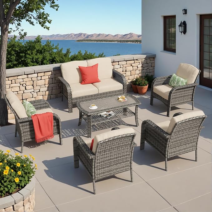 HOOOWOOO Patio Furniture Set, 6 Pieces Outdoor Conversation Set, All Weather by DesignforBetterLife