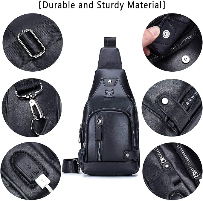 BULLCAPTAIN Leather Sling Bag Mens Chest Bag Casual Shoulder Crossbody Bags - Image 4