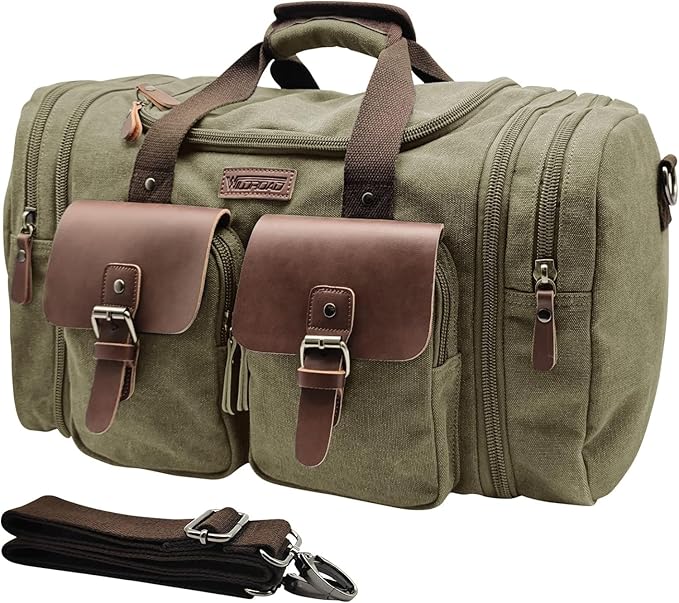 Wildroad 60L Travel Duffel Bag, Expandable Canvas Genuine Leather Duffle Bag by WILDROAD