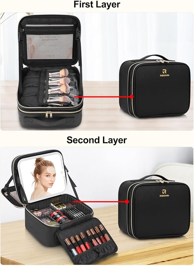 Travel Makeup Bag with LED Mirror Double Layer Makeup Case with Lighted Mirror - Image 2