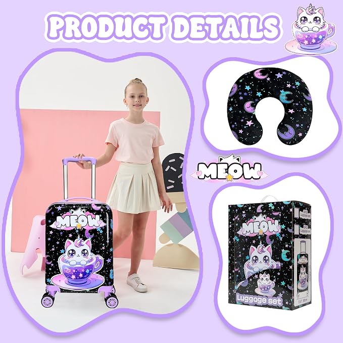 Cute Black Cat Kid's Luggage Set 2 Piece Suitcase Set 16" Hardside Luggage - Image 4