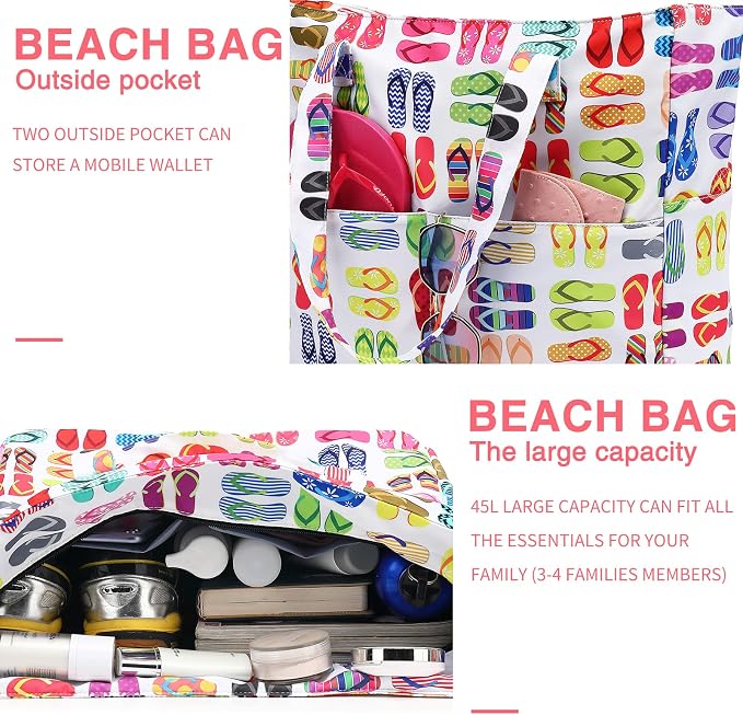 LEDAOU Large Beach Tote Bag Women Waterproof Sandproof Zipper Beach Tote Bag - Image 7