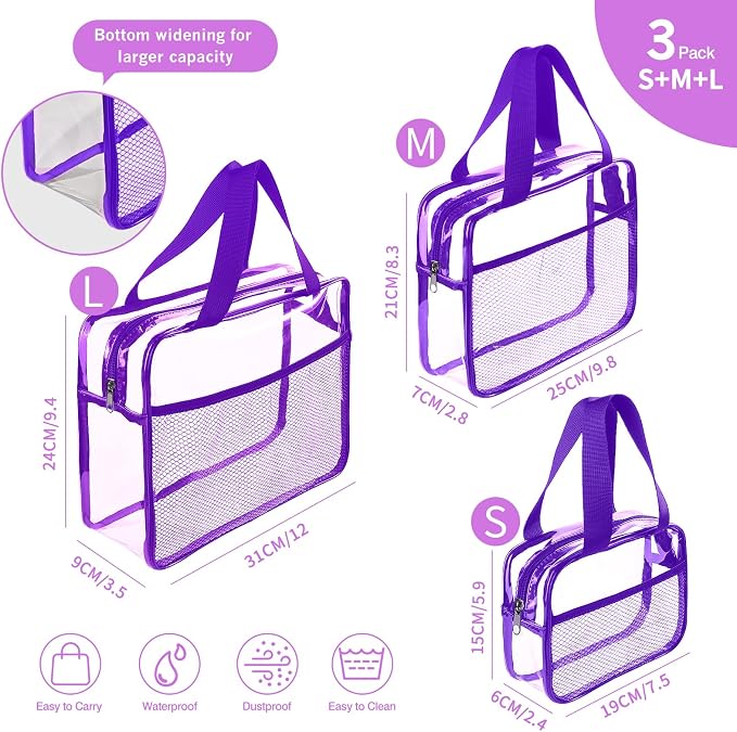XEWEA Clear Travel Toiletry Bags, 3 Pack TSA Approved Transparent Makeup Bag - Image 3