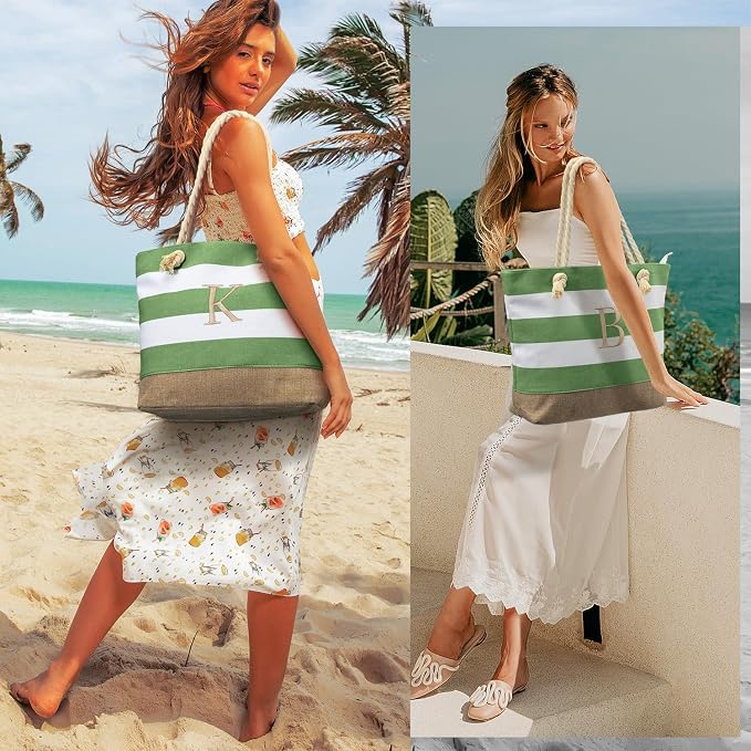 YOOLIFE Initial Canvas Waterproof Beach Tote Bag Zipper Personalized Gifts - Image 2