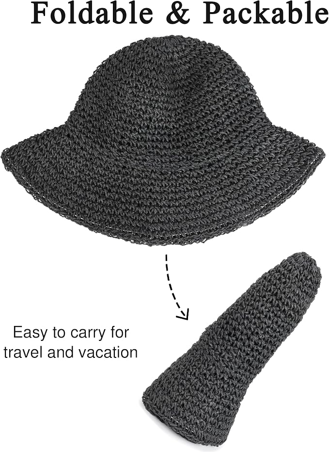 Womens Wide Brim Straw Sun Hat Foldable Floppy Crochet Beach Hat - Image 6