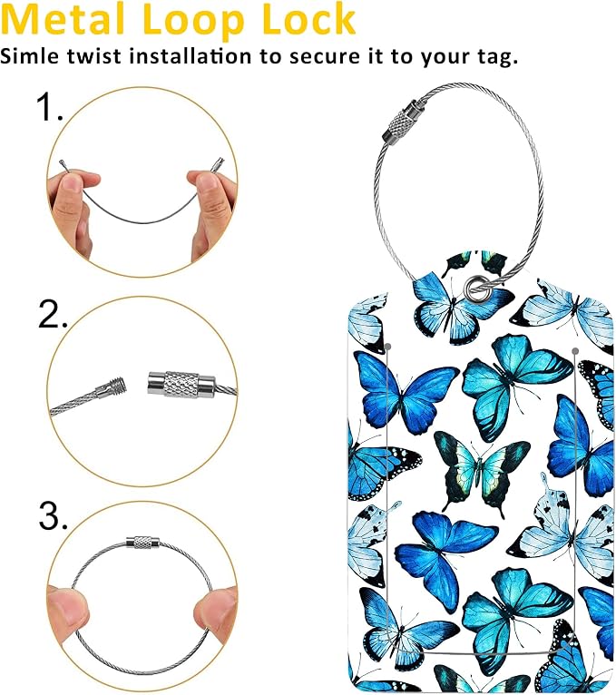 2 Pack Luggage Tag for Suitcase, Beautiful Blue Butterfly PU Leather Suitcase - Image 3