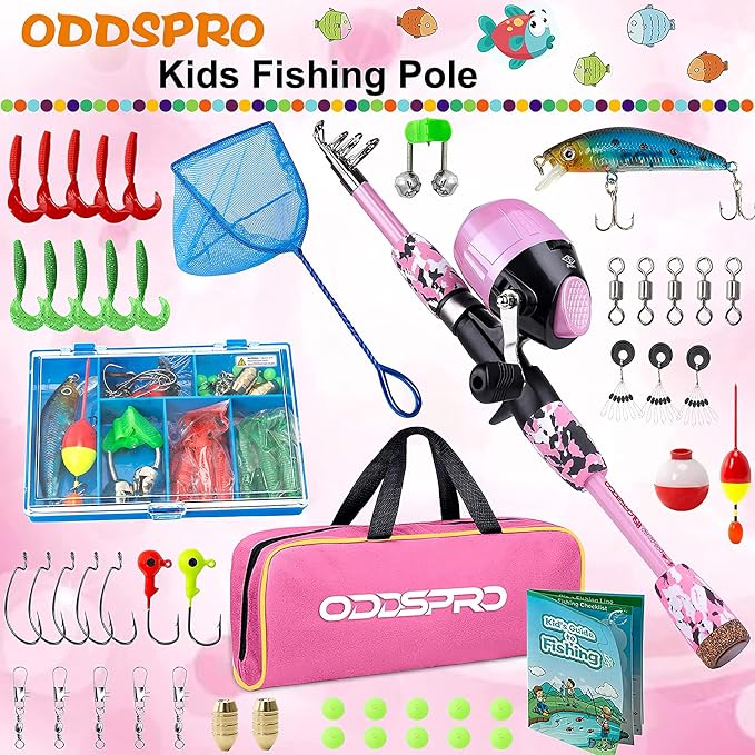 ODDSPRO Kids Fishing Pole Pink, Portable Telescopic Fishing Rod and Reel Combo - Image 2