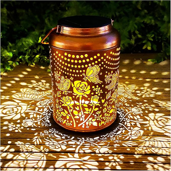 Solar Butterfly Rose Lantern Outdoor Decor, Waterproof Hanging Metal Garden by Merrytech