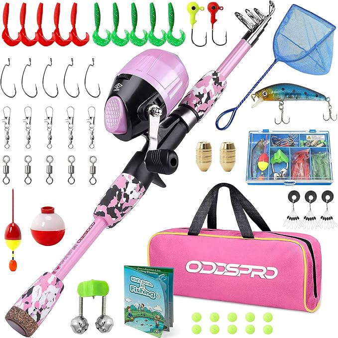 ODDSPRO Kids Fishing Pole Pink, Portable Telescopic Fishing Rod and Reel Combo by ODDSPRO