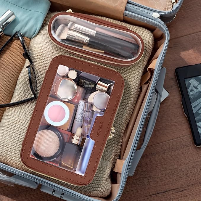 Travel Clear Makeup Bag with Makeup Brush Bag, Leather Makeup Case Toiletry Bag - Image 3