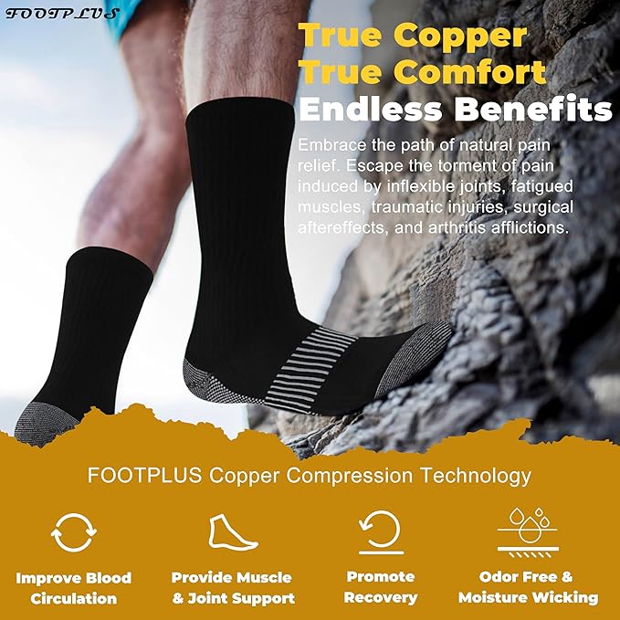 FOOTPLUS Hiking Copper Compression Socks, Unisex Cushioned Sole Arch Support - Image 2