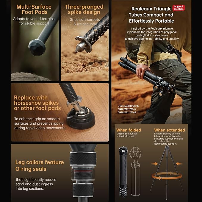 FALCAM TreeRoot Carbon Fiber Medium Tripod, 4-Section Legs, 50kg Vertical Load - Image 7