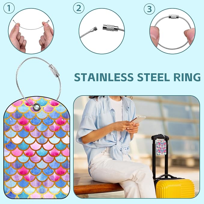 Tie-dye Fish Scale Luggage Tag for Suitcase Set of 2 PU Leather Cute Luggage - Image 3