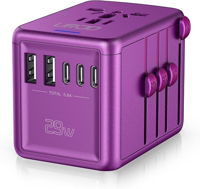 Universal Travel Adapter Offers 5.8A 3X 3.0A USB-C Ports, 2X 2.4A USB-A Ports by URJD