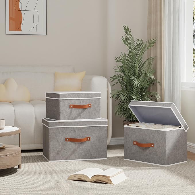 Fabric Storage Bins with Lids, Linen Foldable Clothes Boxes, Closet Organizer - Image 3