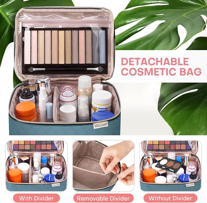 Large Makeup Bag with Mirror Double Layer Travel Make Up Organizer Case - Image 4