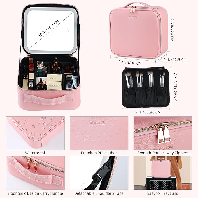 Travel Makeup Bag with LED Mirror – Waterproof Cosmetic Train Case with - Image 3