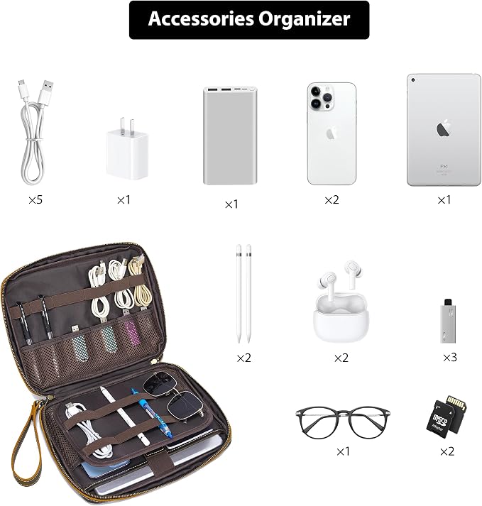 LANNSYNE Full Grain Leather Electronic Organizer Accessory Travel Tech Pouch - Image 5