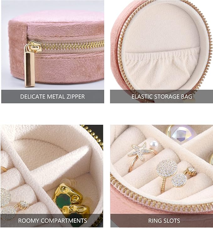 TAIMY Travel Jewelry Box, Mini Round Velvet Travel Jewelry Case - Image 3