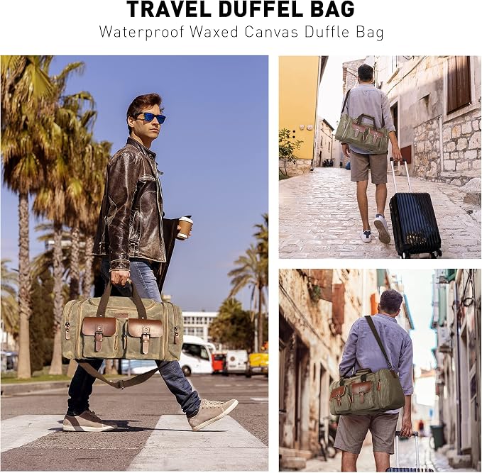 Wildroad Waxed Canvas Duffle Bag - 60L Waterproof Genuine Leather Weekender - Image 3