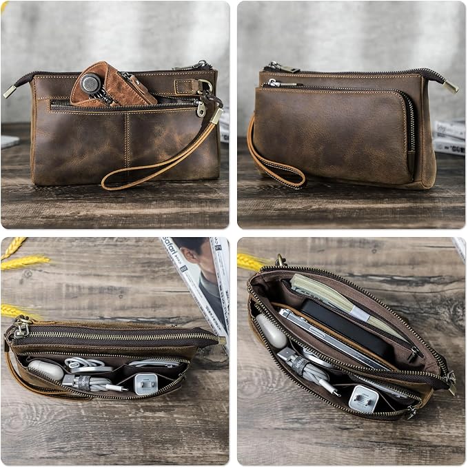 Top Grain Leather Text Custom Electronic Organizer Zipper Bag Tech Pouch - Image 5