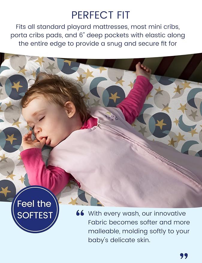 TotAha Space Mini Crib Sheets Fitted, Star & Moon Pack N Play Sheets, Super - Image 2