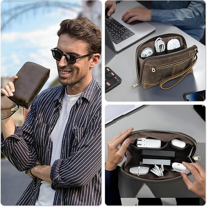 Top Grain Leather Text Custom Electronic Organizer Zipper Bag Tech Pouch - Image 7