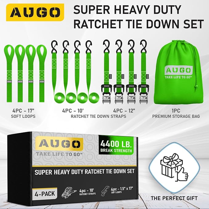 AUGO Heavy Duty Ratchet Straps & Soft Loops – Pack of 4 Extra Strong 1.5” by - Image 4