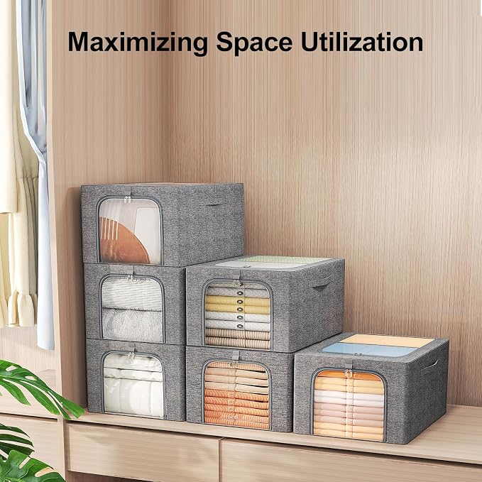 GoMaihe Clothes Storage Bins Metal Frame: 3-Pack Compact Stackable Closet - Image 4