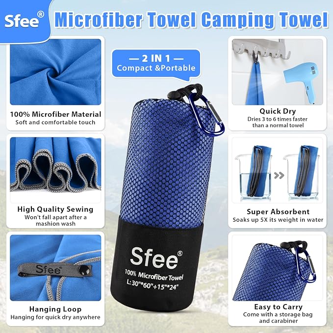 Sfee 2 Pack Microfiber Travel Towel, Quick Dry Camping Towel Super Absorbent - Image 3