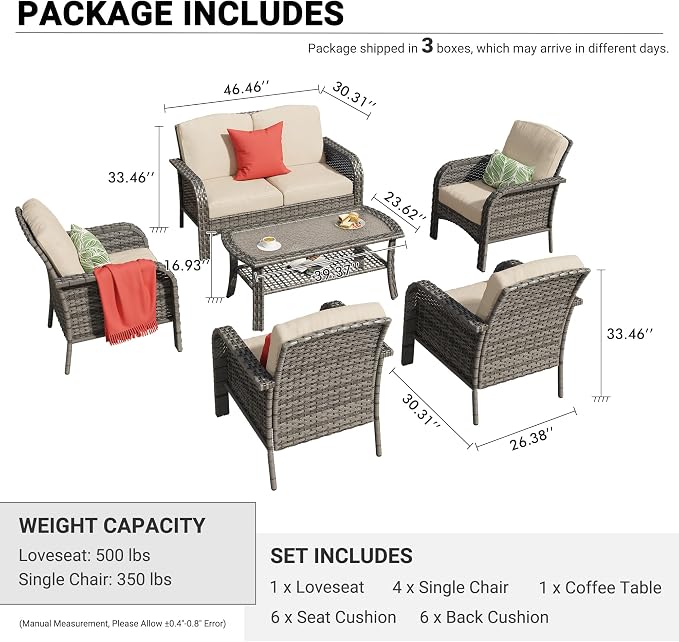 HOOOWOOO Patio Furniture Set, 6 Pieces Outdoor Conversation Set, All Weather - Image 6