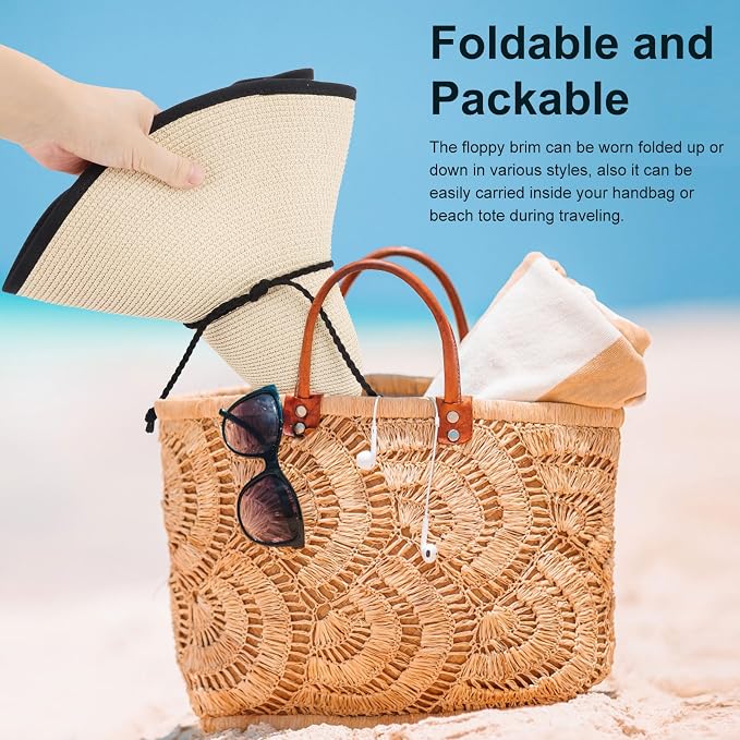 DRESHOW Beach Hats for Women Big Straw Wide Brim Summer Hat Floppy Foldable - Image 5