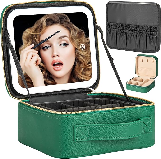 Makeup Travel Train Case with Mirror LED Light 3 Adjustable Brightness Large by Extrei+Gent