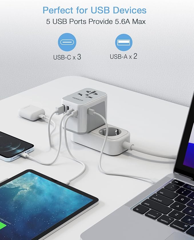 TESSAN Universal Travel Adapter, International Power Adapter 5.6A 28W 3 USB C 2 - Image 3