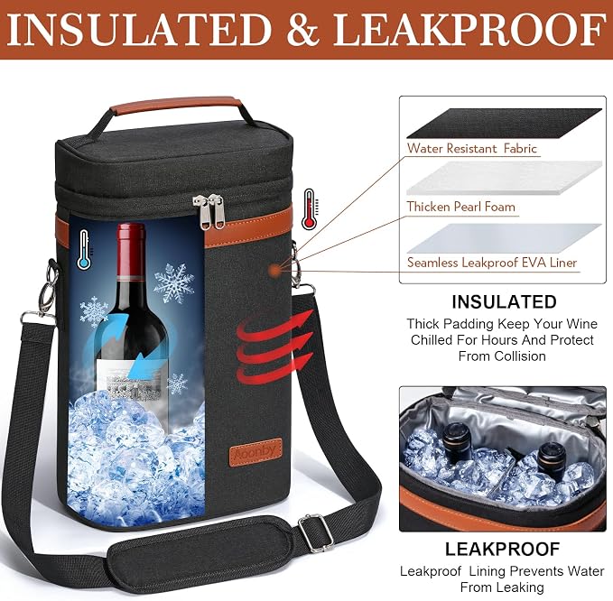 2 Bottle Wine Bag Wine Cooler Carrier Wine Gift Tote Bag, Leakproof & Insulated - Image 3