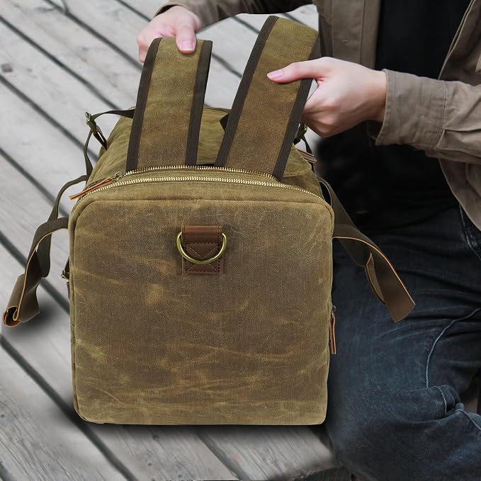 60L Travel Bags for Men, Nomad Washed Canvas Duffle Bag Vintage Genuine Leather - Image 7