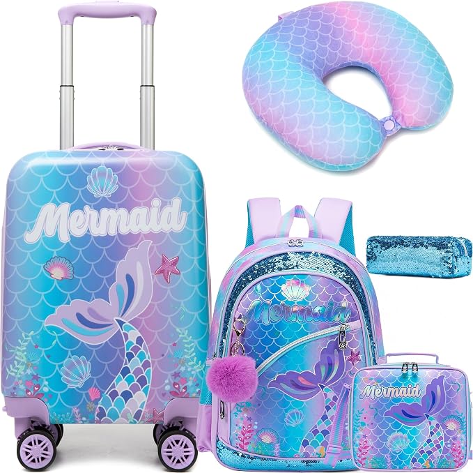 Cute Mermaid Kid’s Luggage Set 5 Piece Suitcase Set 16’’ Hardside Luggage by Unknown