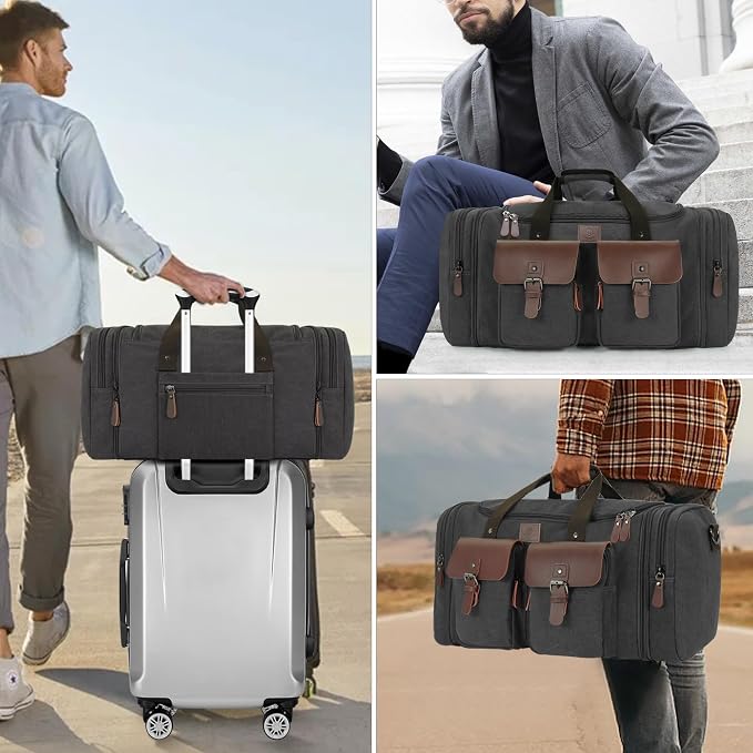 Canvas Duffle Bag for Men 50L Travel Duffel Bags Expandable Genuine Leather - Image 8