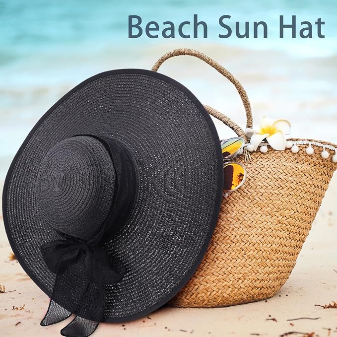 DRESHOW Beach Hats for Women Big Straw Wide Brim Summer Hat Floppy Foldable - Image 3