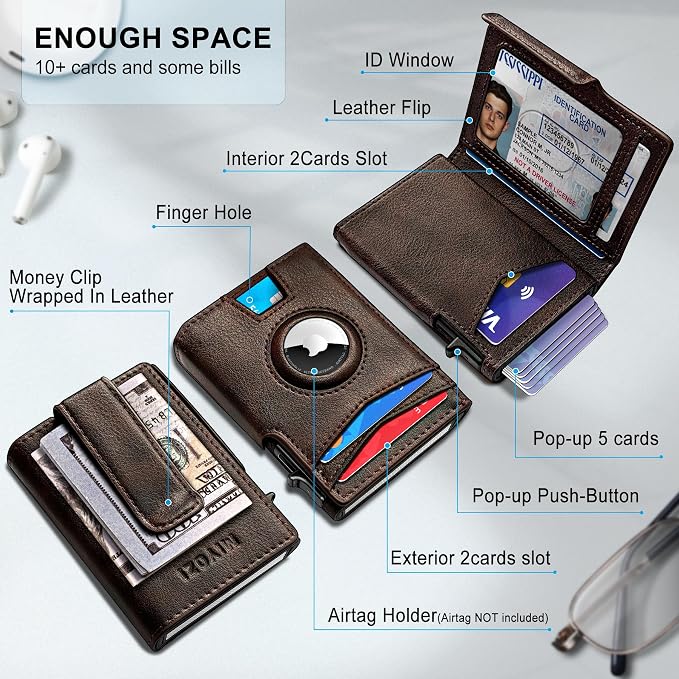 Airtag Wallet for Men, with Money Clip 10 Cards Metal Case Smart Slim Pop Up - Image 2