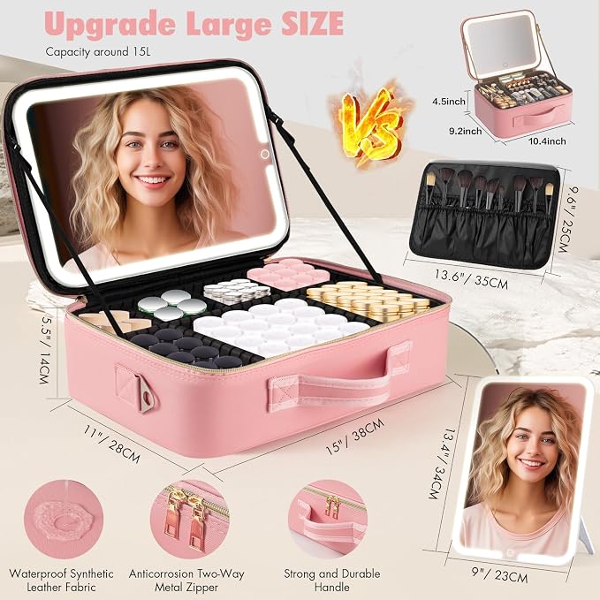 Large Travel Makeup Bag with LED Mirror, 3-Color Stepless Dimming Stand Mirror - Image 3