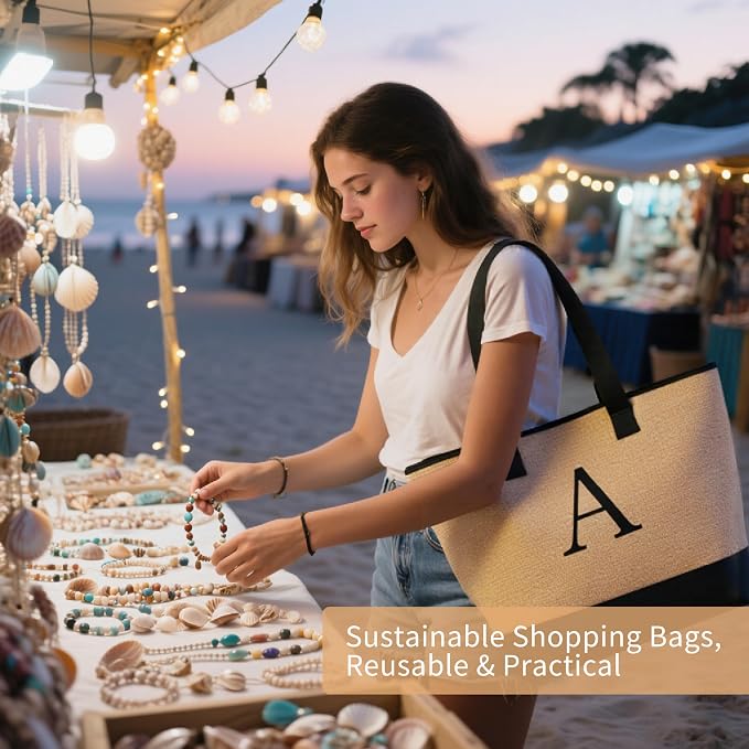 KALIDI Woven Tote Bag for Women, Lightweigh Monogram Beach Bag - Image 8