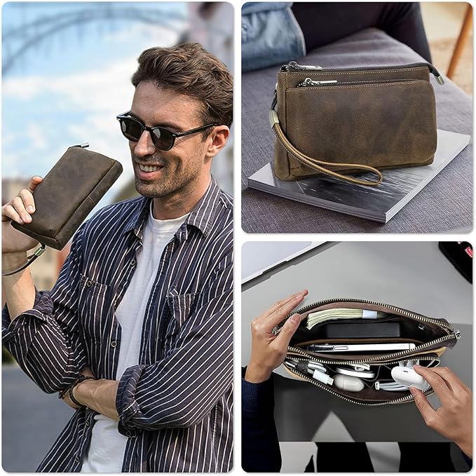 Top Grain Leather Text Custom Electronic Organizer Zipper Bag Tech Pouch - Image 8