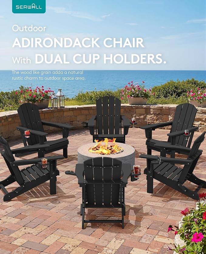 SERWALL Folding Adirondack Chair, Dual Cup Holders & All-Weather HDPE, - Image 9